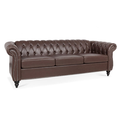 84.65" Dark Brown PU Rolled Arm Chesterfield Three Seater Sofa.