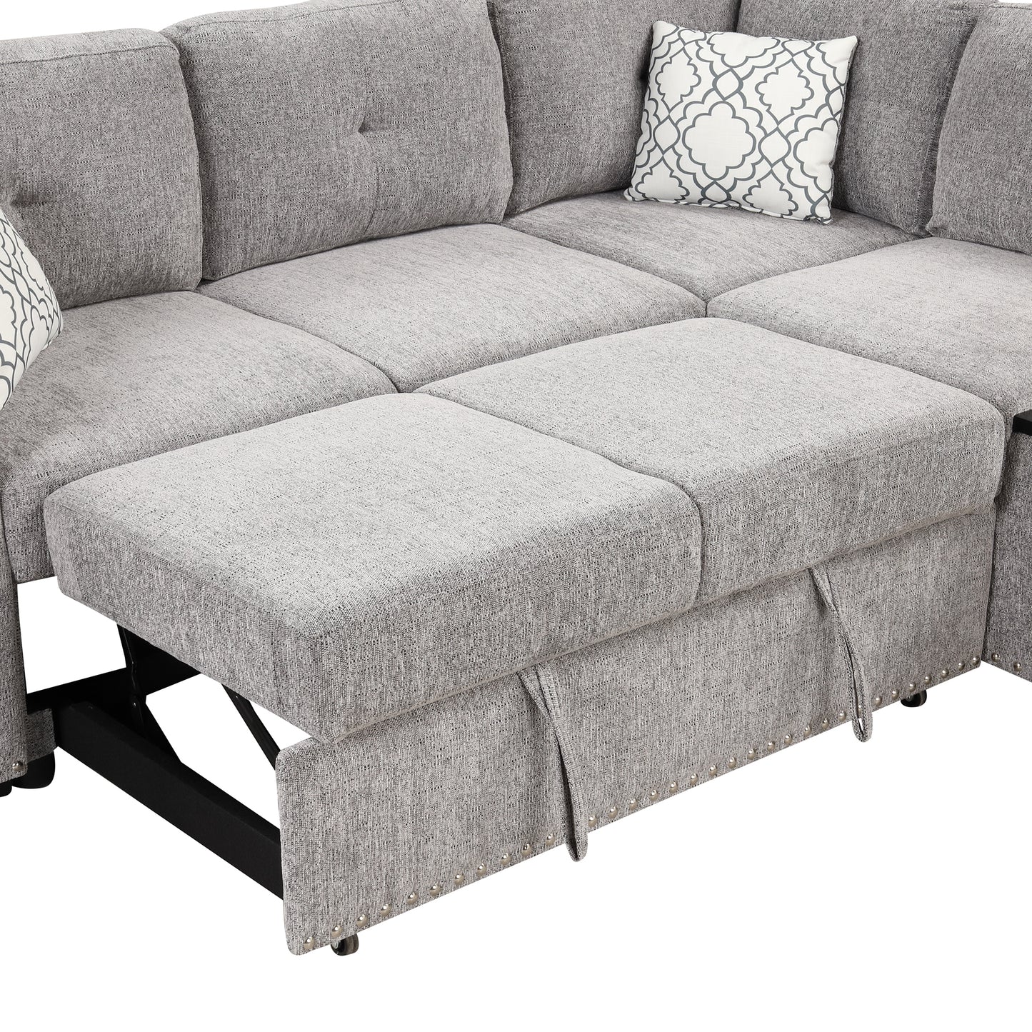 83.8" Sectional Pull-Out Sofa Bed L-Shaped Corner Sofa Couch with Storage Chaise, USB Ports, Power Sockets, Cup Holder for Living Room, Bedroom, Study, Light Gray