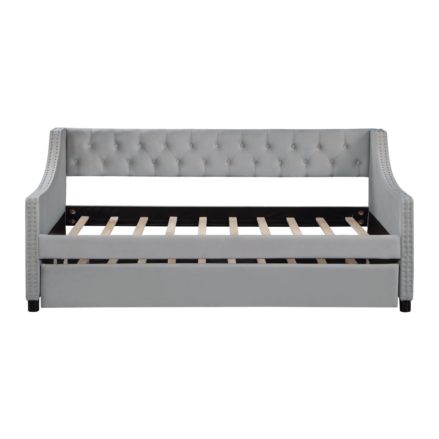 Daybed with Trundle Upholstered Tufted Sofa Bed, with Button and Copper Nail on Arms，full Size