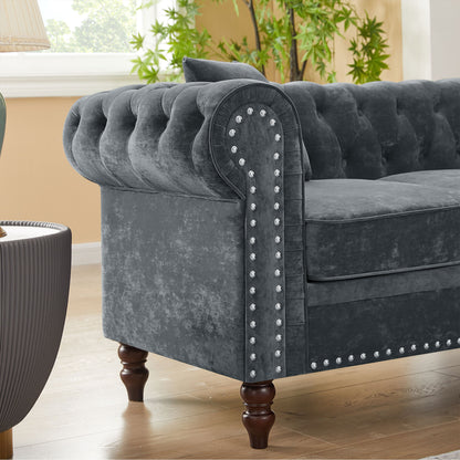 80" Deep Button Tufted Upholstered Roll Arm Luxury Classic Chesterfield L-shaped Sofa 3 Pillows Included, Solid Wood Gourd Legs, Grey velvet