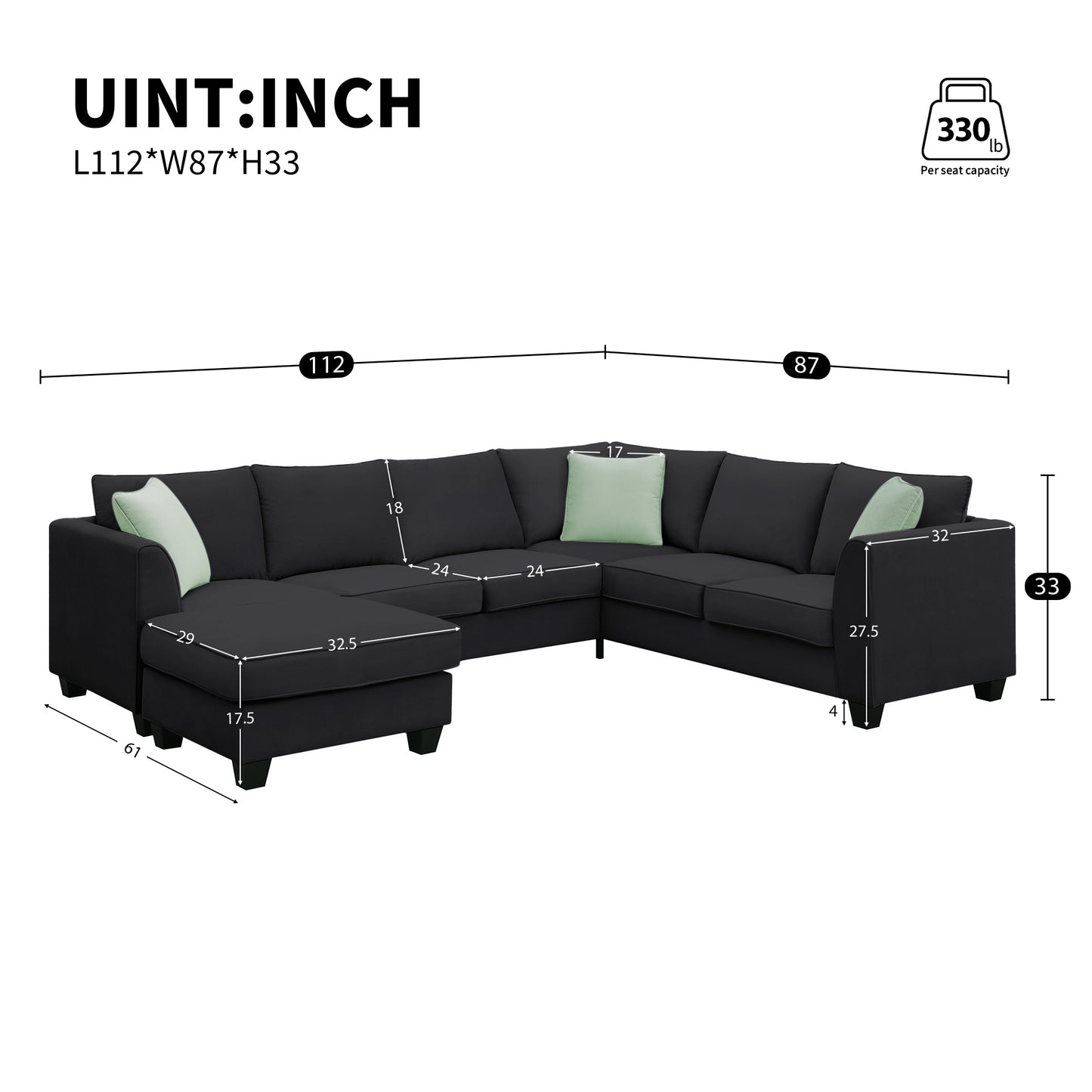 112*87" Sectional Sofa Couches Living Room Sets, 7 Seats Modular Sectional Sofa with Ottoman, L Shape Fabric Sofa Corner Couch Set with 3 Pillows, Black