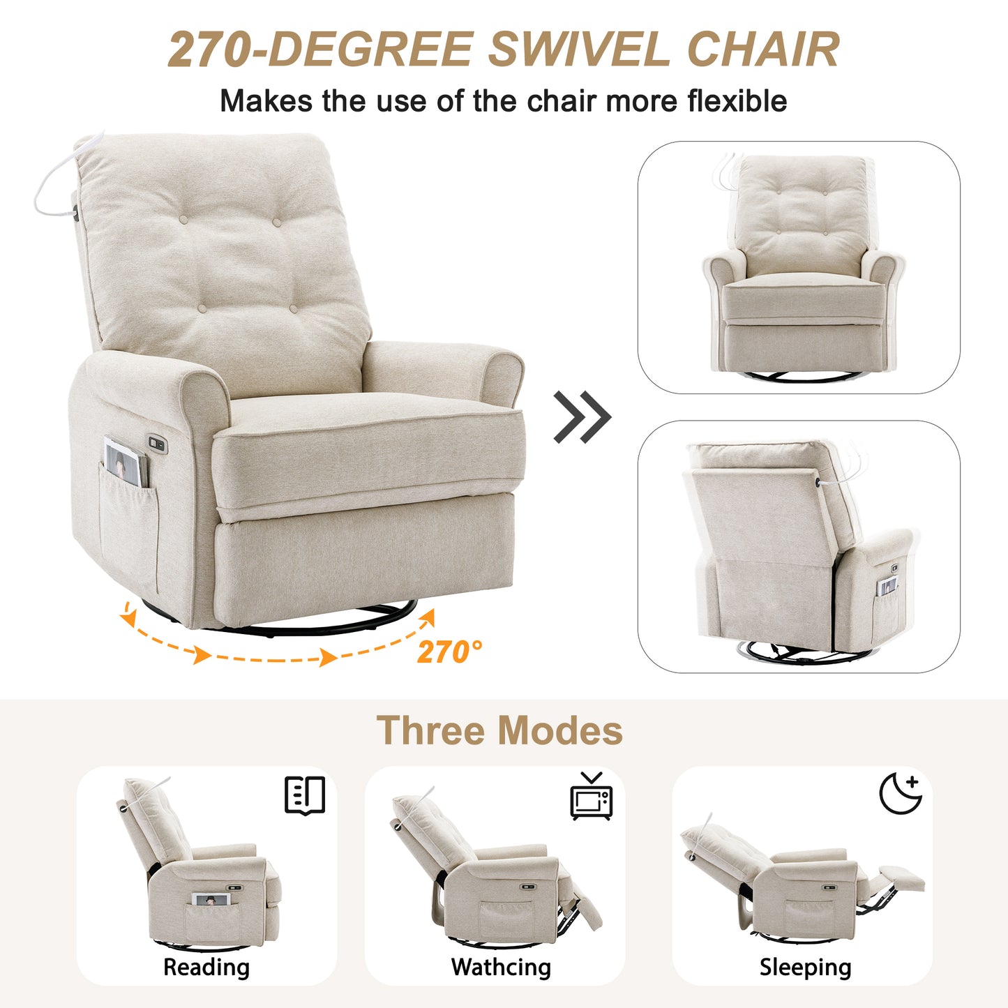 Reclining Chair 270 Degree Swivel Recliner Chairs with USB Port, Side Pocket and Touch Sensitive Lamp for Living Room, Bedroom, Cream