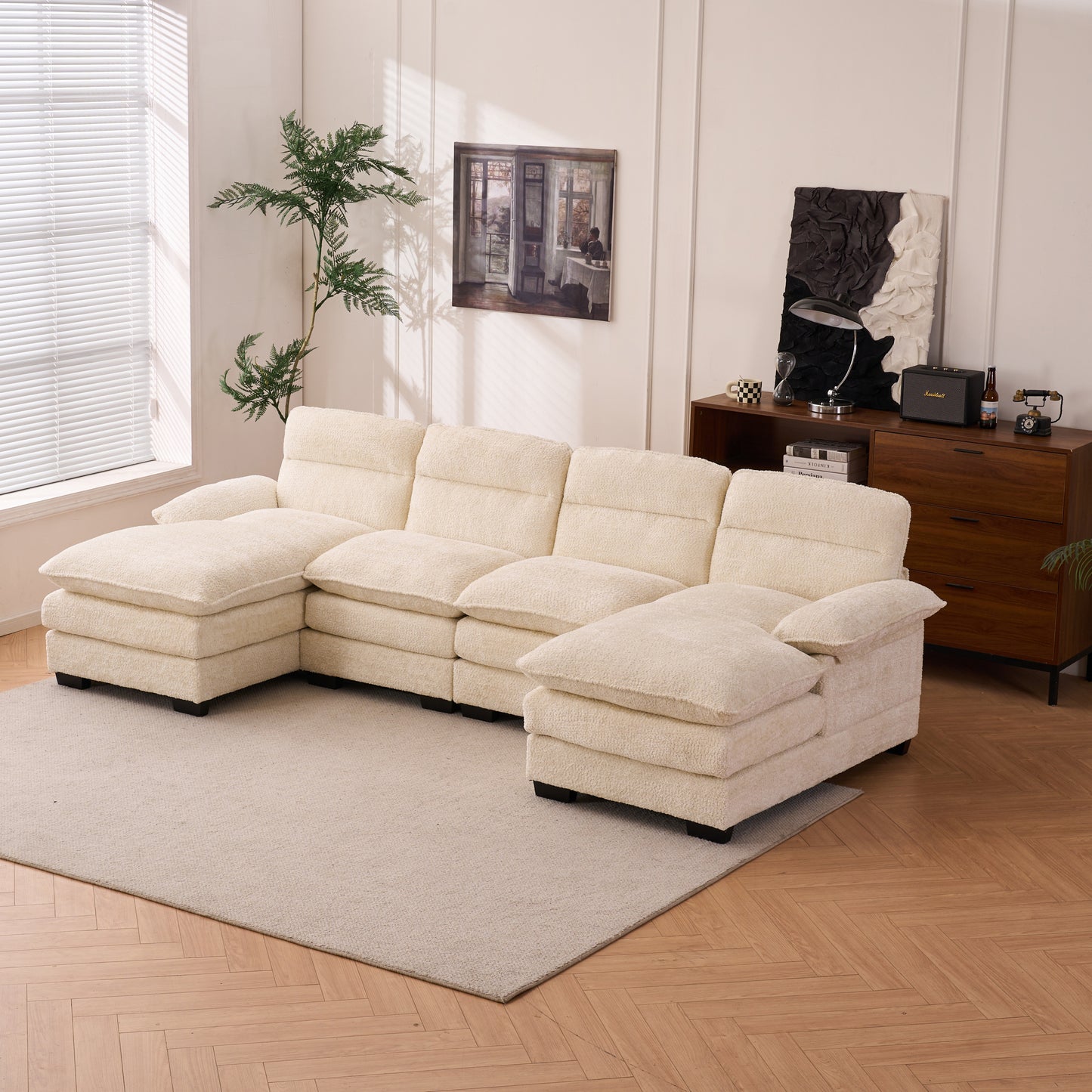 U-shaped profile sofa, including two single seats and two chaise, modular sofa, Chenille sofa,White