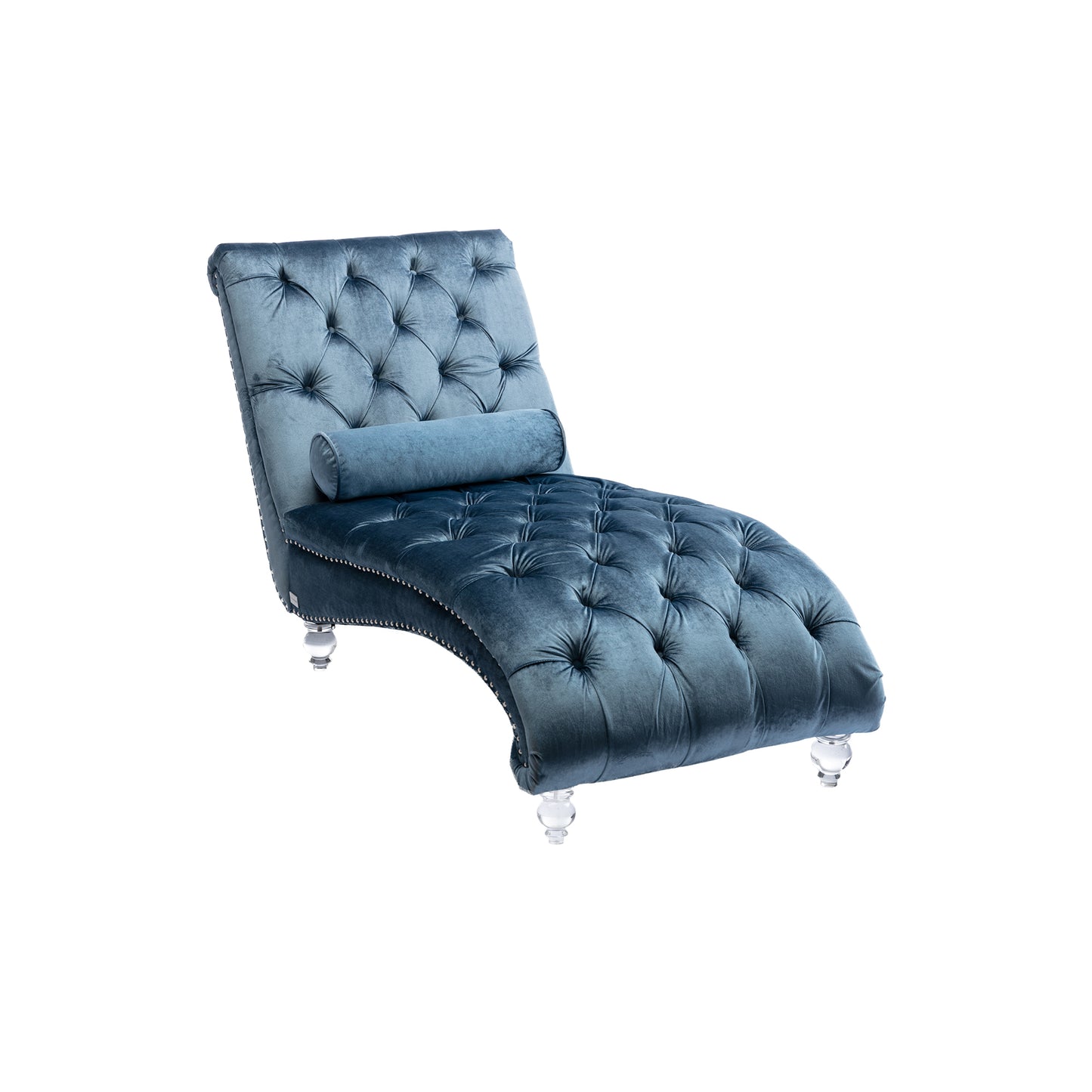 Velvet Chaise Lounge Indoor,Button-Tufted Upholstered Chaise Lounge Chair with Pillow for Bedroom Living Room Office (Light Blue Velvet)