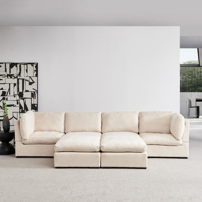 Modular Sofa with Ottoman,Filled with Down,Soft Linen Fabric,Beige