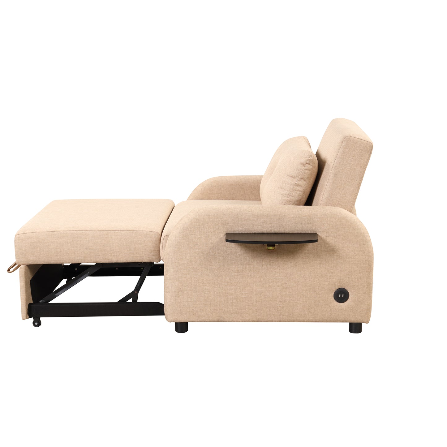 Pull out sofa sleeper 3 in 1 with 2 wing table and usb charge for nap line fabric for living room recreation room Beige