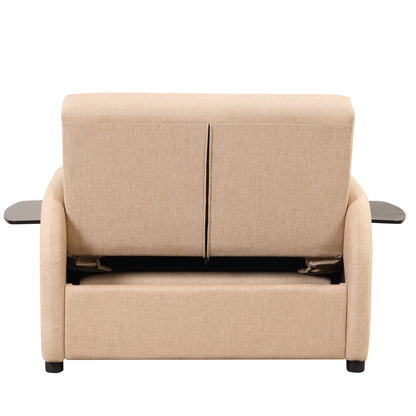 Pull out sofa sleeper 3 in 1 with 2 wing table and usb charge for nap line fabric for living room recreation room Beige