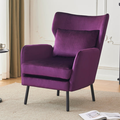 Velvet Accent Chair, Modern Living Room Armchair Comfy Upholstered Single Sofa Chair for Bedroom Dorms Reading Reception Room with Metal Legs & Pillow, Purple