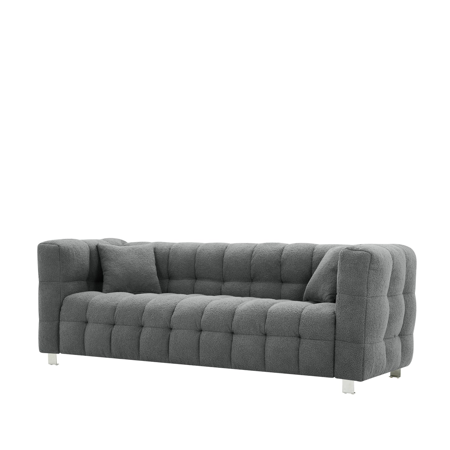 Grey teddy fleece sofa 80 inch discharge in living room bedroom with two throw pillows hardware foot support