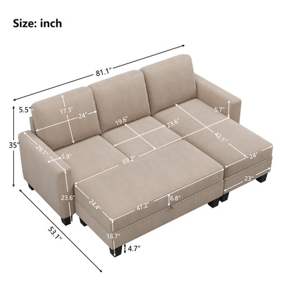 81" Reversible Sectional Couch with Storage Chaise L-Shaped Sofa for Apartment Sectional Set,Sectional Sofa with Ottoman,Nailhead Textured Linen Fabric 3 pieces Sofa Set,Warm Grey