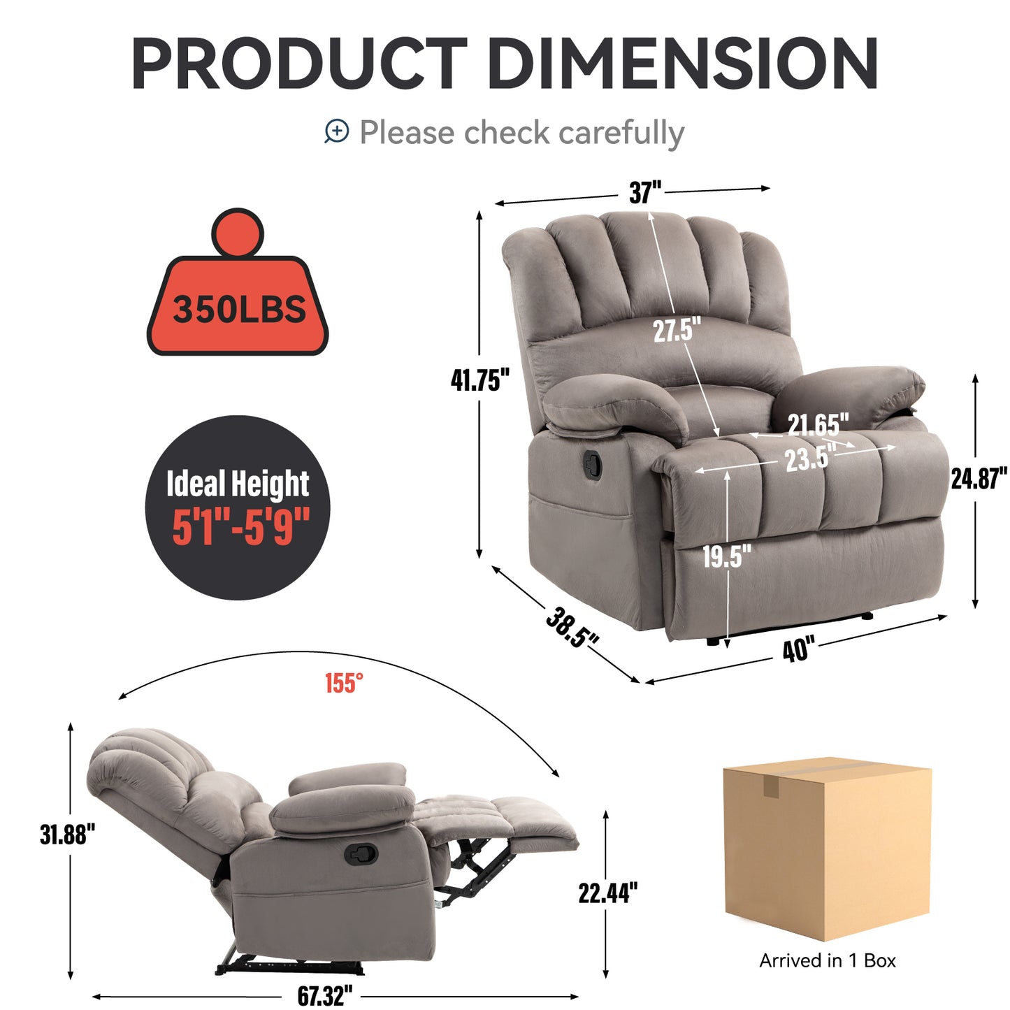 Large Manual Recliner Chair in Fabric for Living Room, Grey