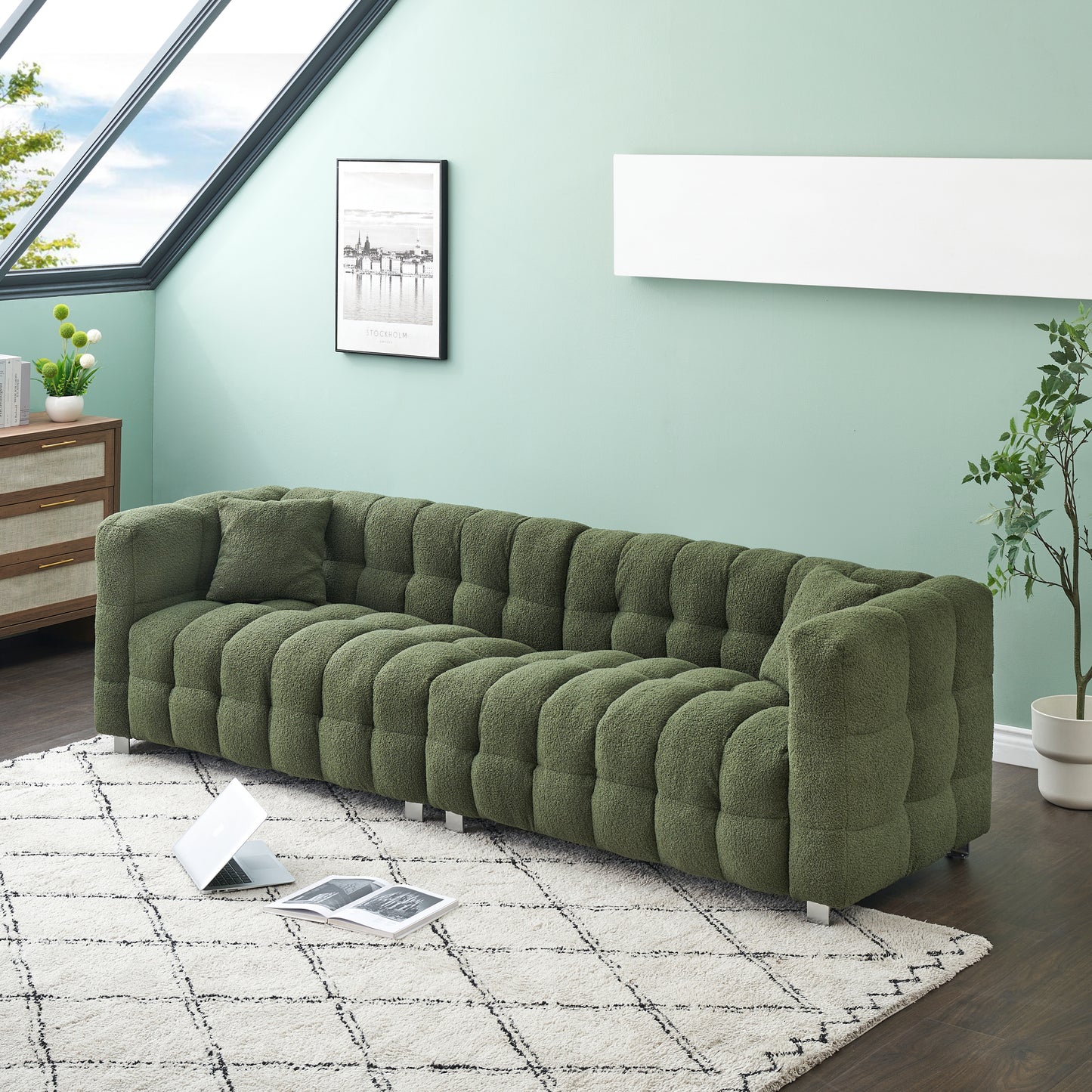 102-inch green teddy fleece sofa with two throw pillows in living room Bedroom apartment sofa supported by hardware feet