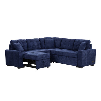 82.6" L-shape Sofa Bed Pull-out Sleeper Sofa with Wheels, USB Ports, Power Sockets for Living Room, Navy Blue