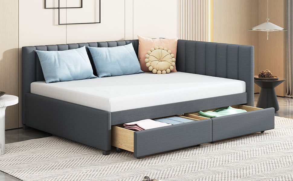 Full Size Upholstered Daybed with 2 Storage Drawers Sofa Bed Frame No Box Spring Needed, Linen Fabric (Gray)