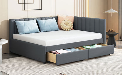 Full Size Upholstered Daybed with 2 Storage Drawers Sofa Bed Frame No Box Spring Needed, Linen Fabric (Gray)