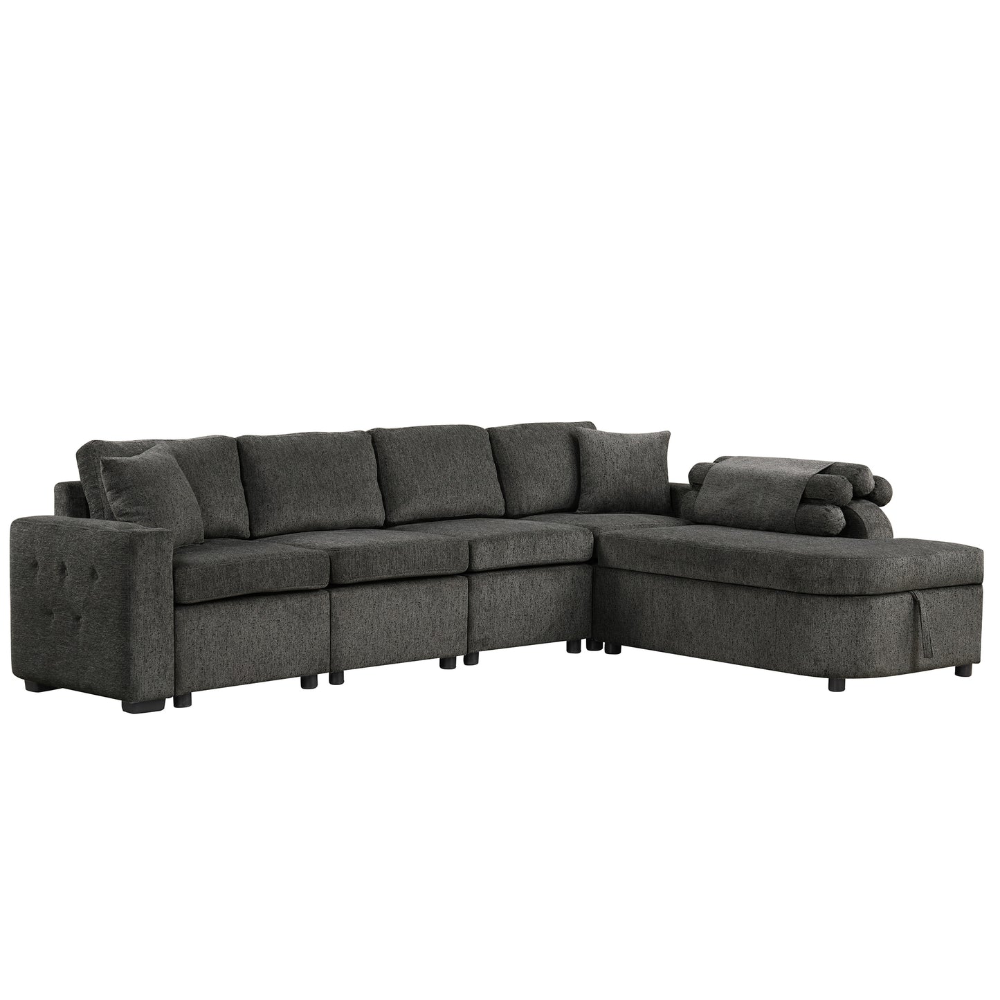 109.8"L-shaped Couch Sectional Sofa with Storage Chaise,Cup Holder and USB Ports for Living Room, Black