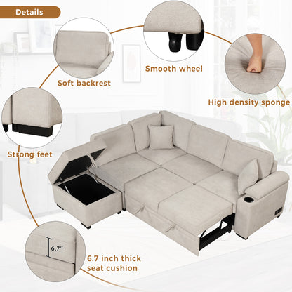 84.75" Sleeper Sofa Bed,2 in 1 Pull Out sofa bed L Shape Couch with Storage Ottoman for Living Room,Bedroom Couch and Small Apartment, Beige