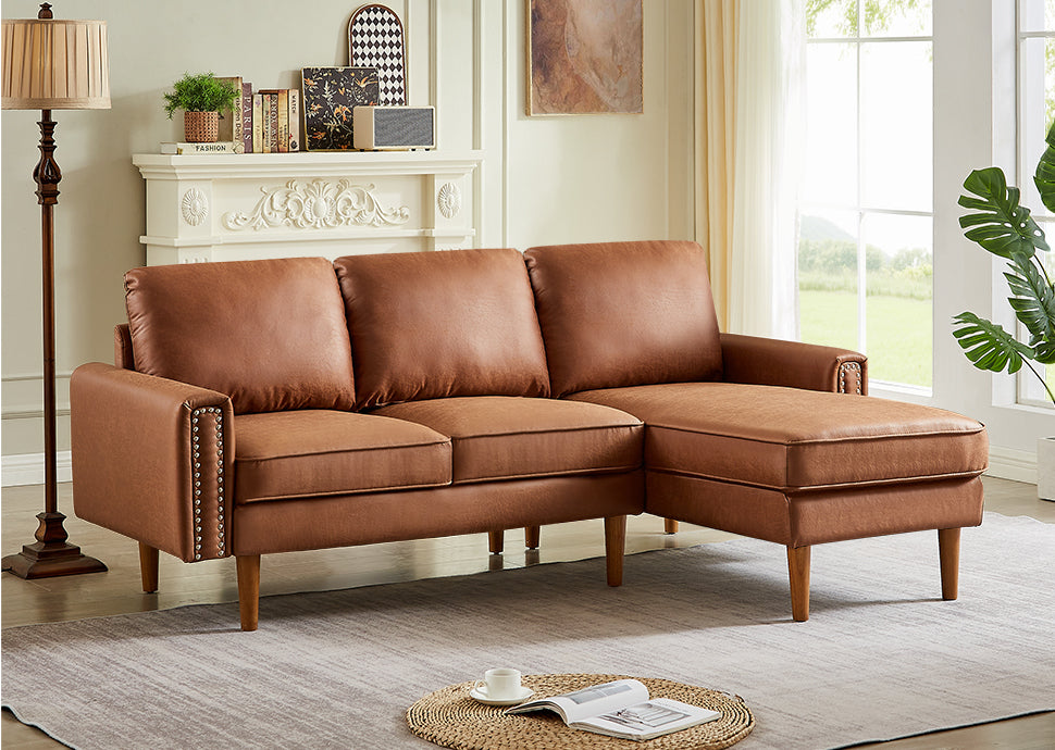 82.2"L-Shape Sofa Couch with Chais Mid-Century Copper Nail on Arms,strong wooden leg and suede fabric design that will complement any living space.Right Chaise, Brown