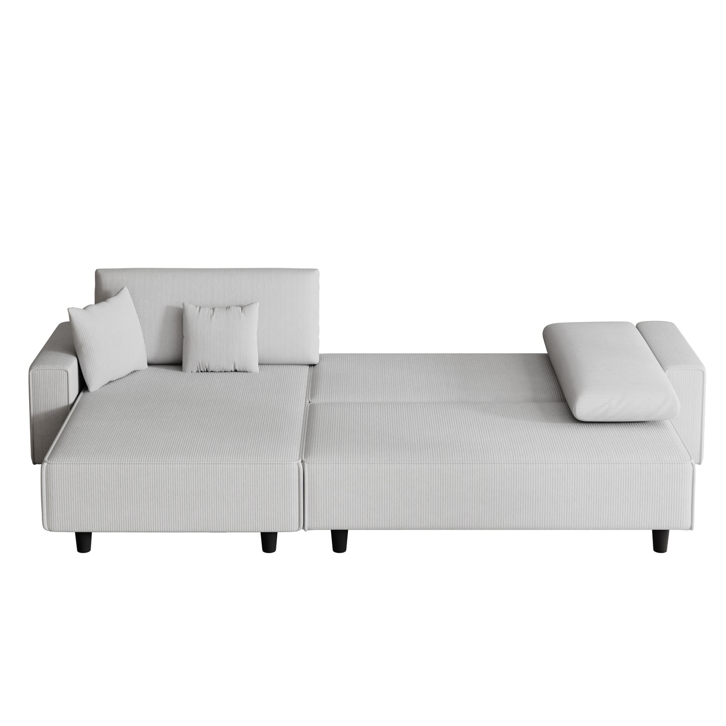 The 93-inch grey corduroy sofa bed comes with two pillows to fit in the living room and the apartment is not overcrowded