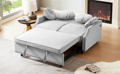 54.7" Multiple Adjustable Positions Sofa Bed Stylish Sofa Bed with a Button Tufted Backrest, Two USB Ports and Four Floral Lumbar Pillows for Living Room, Bedroom,or Small Space, Light Grey