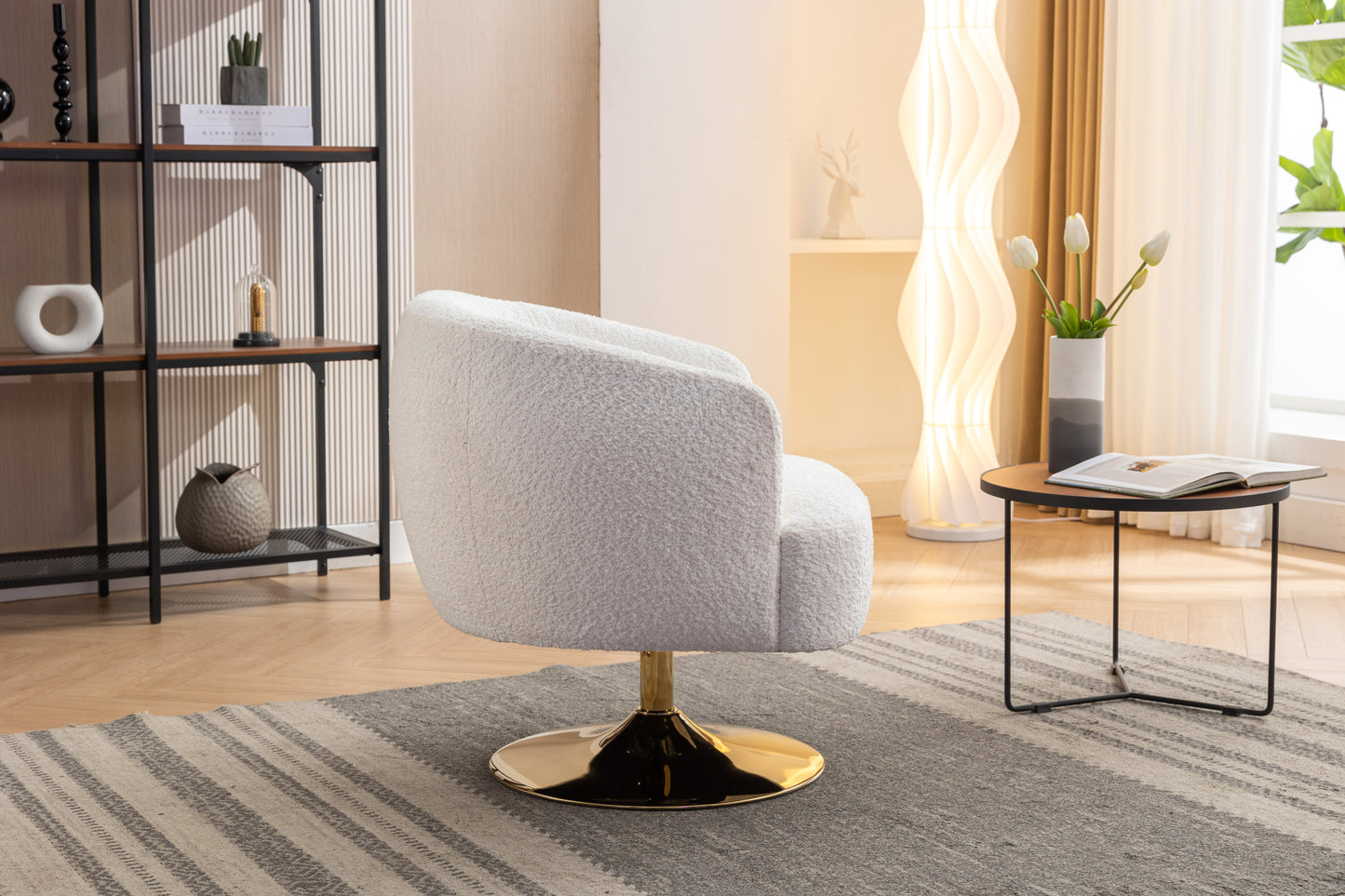 048-Chenille Fabric Accent Swivel Chair With Gold Metal Round Base,White