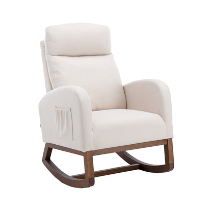 Rocking Chair, Modern Glider Chair, Recliner Armchair with Wood Legs and Side Pocket, Nursery Rocking Accent Chair with High Back for Living Room Bedroom (Beige linen)