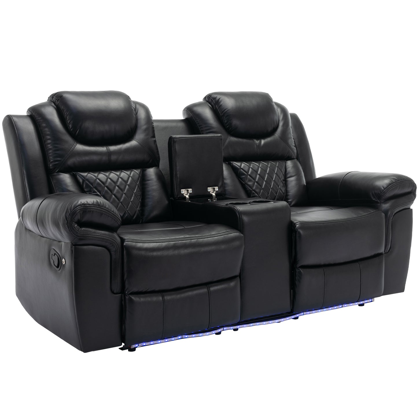 Home Theater Seating Manual Recliner Loveseat with Hide-Away Storage, Cup Holders and LED Light Strip for Living Room, Black