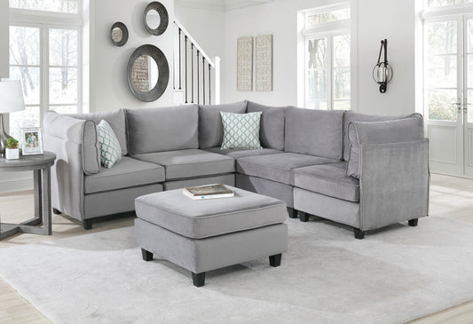 90" Gray Velvet 6Pc Modular Sectional Sofa