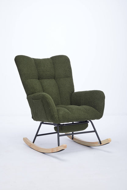 Modern Nursery Rocking Chair, Upholstered Glider Chair with High Backrest, Rocker Accent Armchair with Solid Wood Legs for Nursery Bedroom Living Room DRAK GREEN