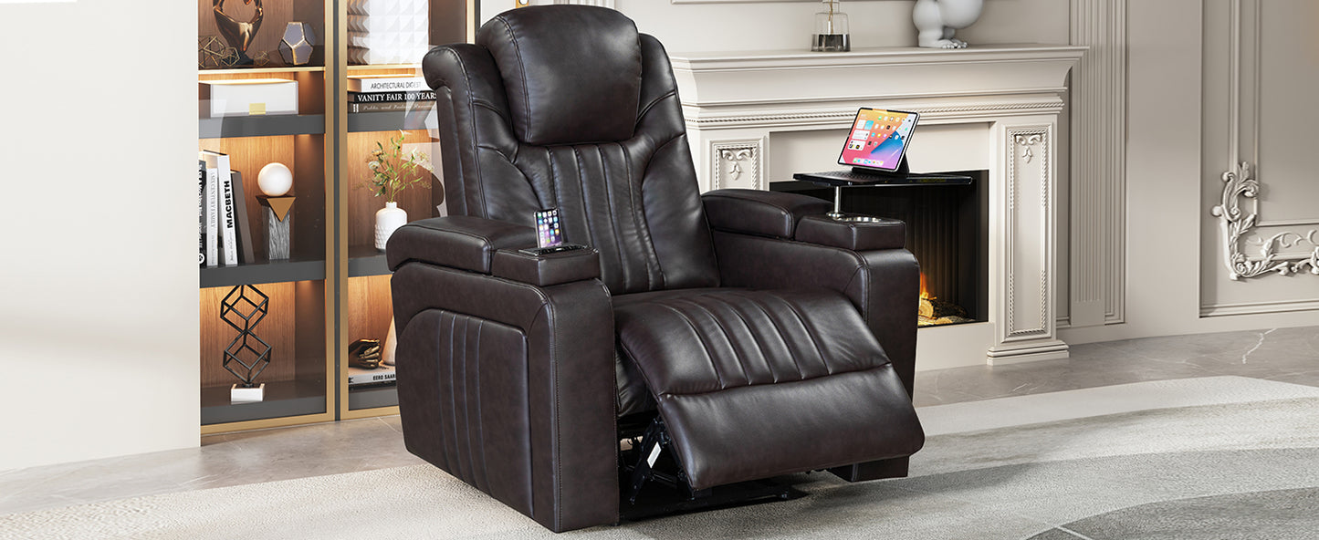 PU Leather Power Recliner Home Theater Recliner with Power Adjustable Headrest, Wireless Charging Device, USB Port, Storage Arms, Cup Holder and Swivel Tray Table for Living Room, Brown