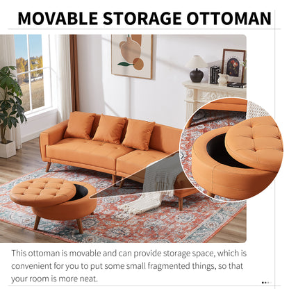 107" Contemporary Sofa Stylish Sofa Couch with a Round Storage Ottoman and Three Removable Pillows for Living Room, Orange