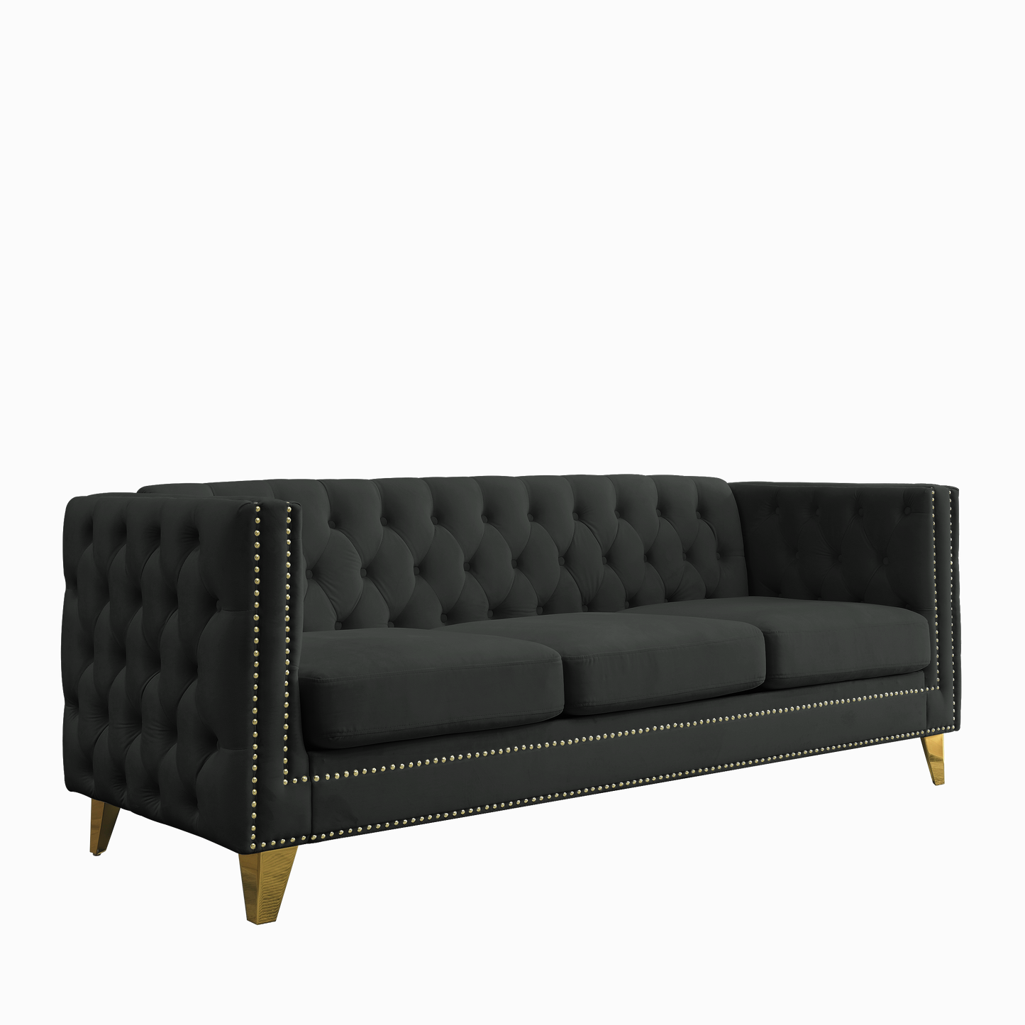 Velvet Sofa for Living Room,Buttons Tufted Square Arm Couch, Modern Couch Upholstered Button and Metal Legs, Sofa Couch for Bedroom, Black Velvet,2PCS