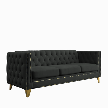 Velvet Sofa for Living Room,Buttons Tufted Square Arm Couch, Modern Couch Upholstered Button and Metal Legs, Sofa Couch for Bedroom, Black Velvet(W834S00022)