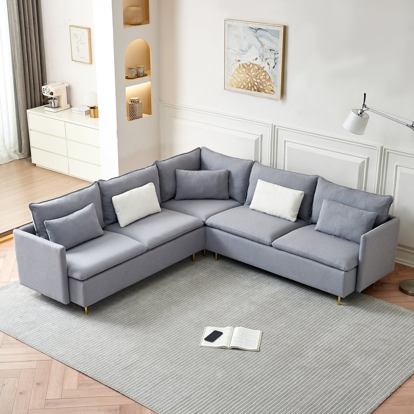 92"Teddy Fabric Sofa, Modern Corner Sectional Sofa with Support Pillow for Living room, Apartment & Office.(Gray)