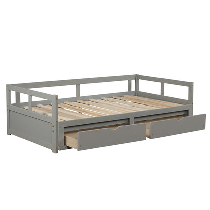 Wooden Daybed with Trundle Bed and Two Storage Drawers, Extendable Bed Daybed,Sofa Bed for Bedroom Living Room, Gray