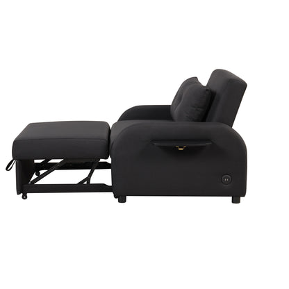 Pull out sofa sleeper 3 in 1 with 2 wing table and usb charge for nap line fabric for living room recreation room Black