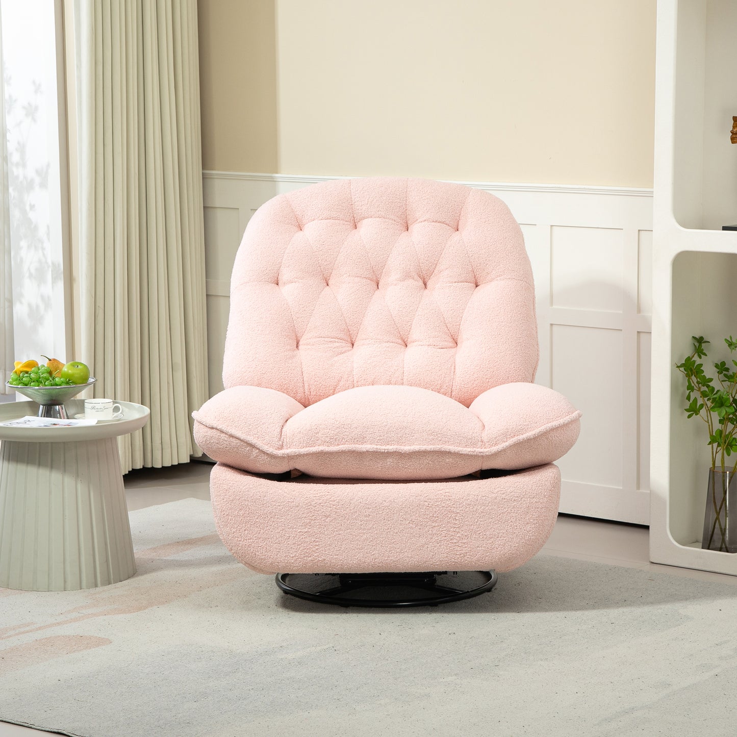 360° Swivel Recliner Adjustable Chair Chenille Glider Swivel Reclining Sofa Chair with Black Metal Round Base - Pink