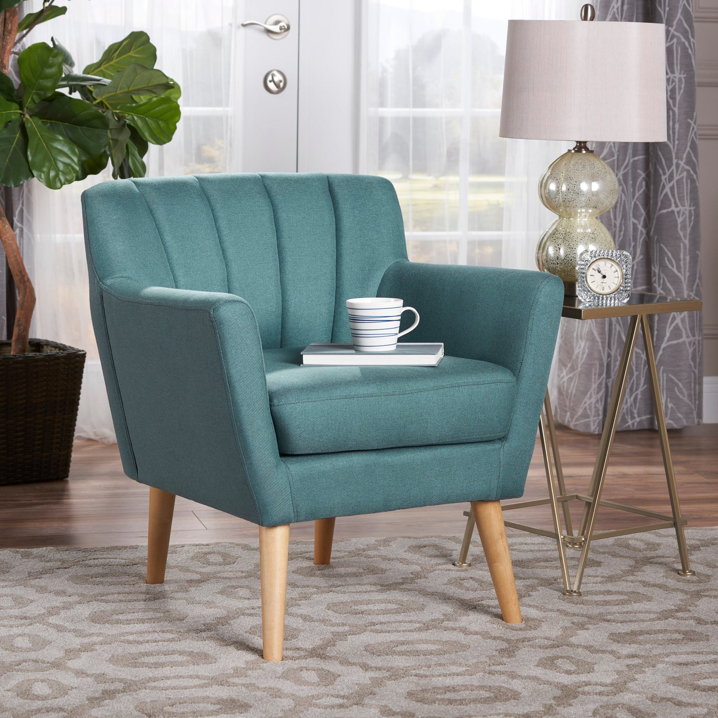 Mid Century Modern Fabric Club Chair, 28.30" W x 27.60" D x 31.50" H, Dark Teal/Natural