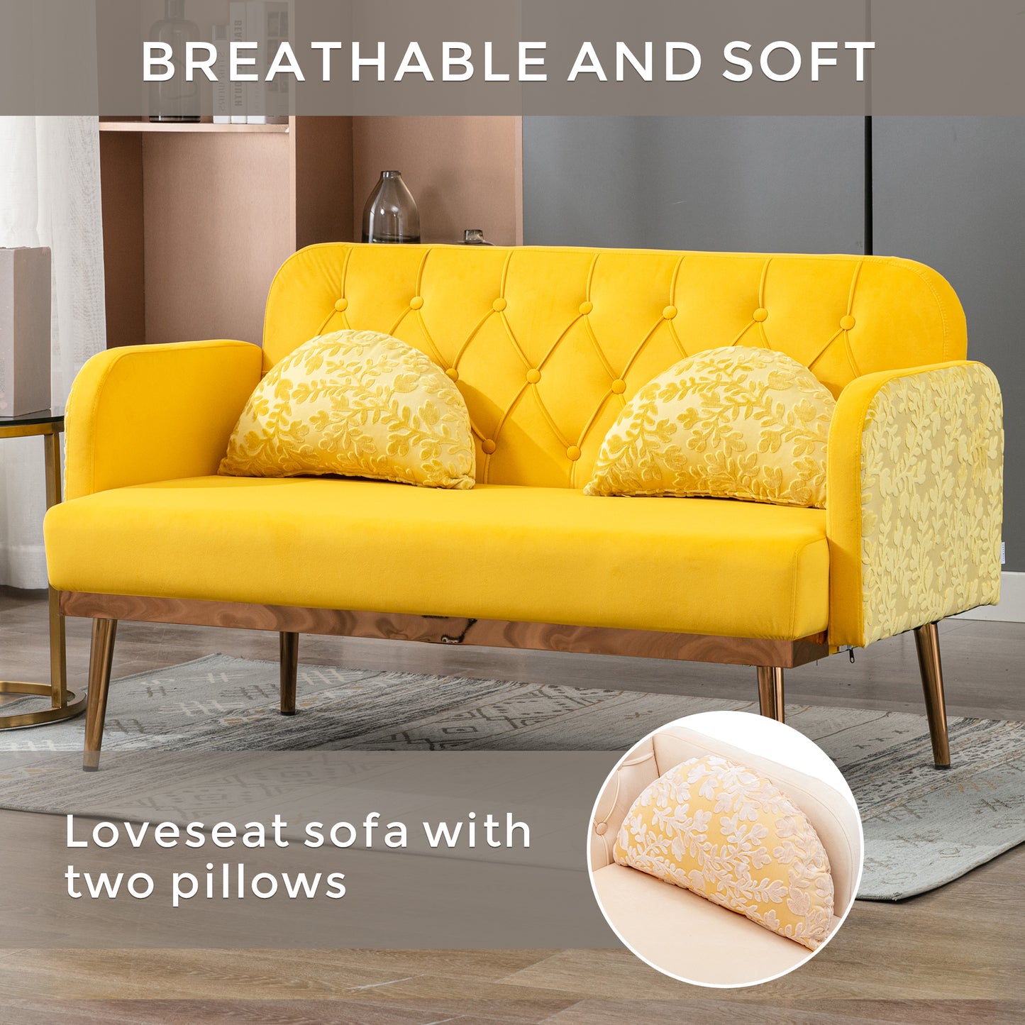 Modern Velvet Loveseat Sofa, Comfy Upholstered 2-Seater Sofa with Gold Metal Legs, Small Loveseat Accent Couch for Living Bedroom Leisure Areas