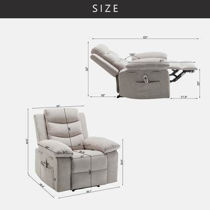 Power Recliner Chair with Adjustable Massage Function, Velvet Electric Power Chair for Elderly with One Side Pockets, Recliner Chair with Heating System for Living Room,Beige