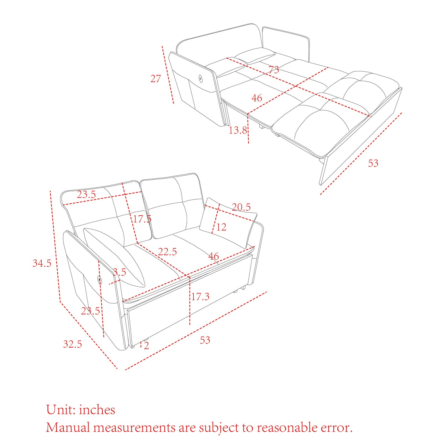 53" Modern Convertible Sofa Bed w/2 Removable Armrests w/USB Power Port, Velvet Recliner Adjustable Sofa w/Head Pull-Out Bed, 2 Pillows, For Living Room Apartment etc., White-Grey