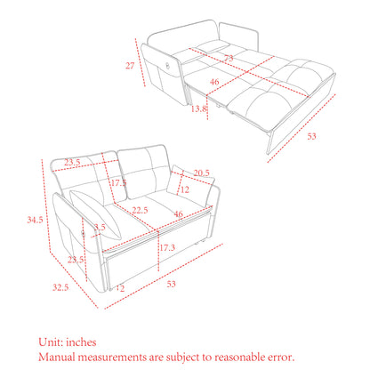 53" Modern Convertible Sofa Bed w/2 Removable Armrests w/USB Power Port, Velvet Recliner Adjustable Sofa w/Head Pull-Out Bed, 2 Pillows, For Living Room Apartment etc., White-Grey