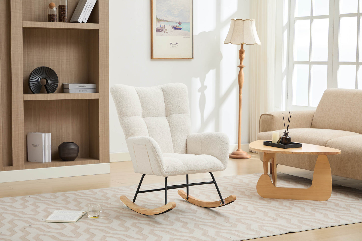 Modern Nursery Rocking Chair Upholstered Glider Chair with High Backrest Rocker Accent Armchair with Solid Wood Legs for Nursery Bedroom Living Room Teddy (white)