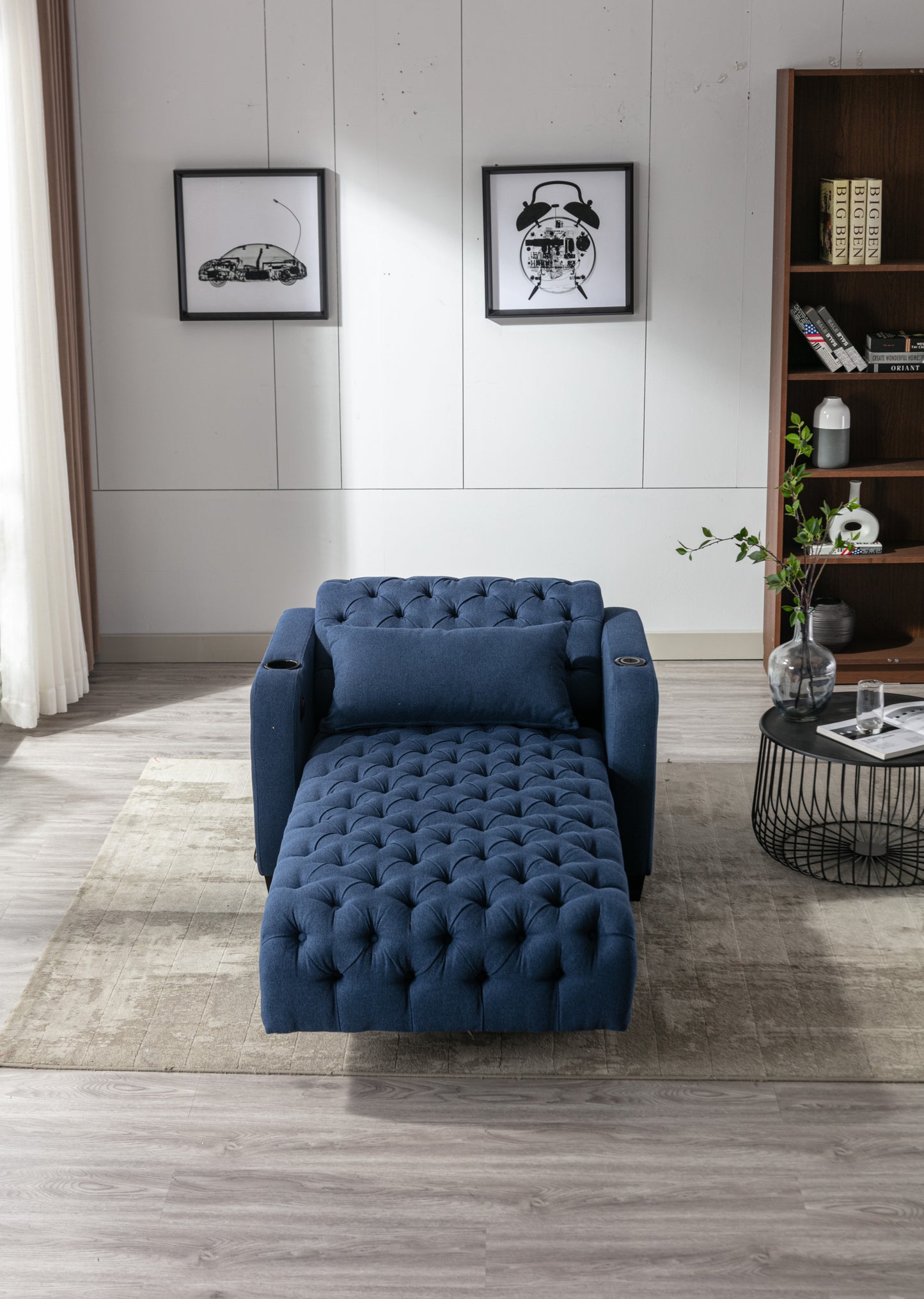 Multifunctional Living Room Leisure Chaise Lounge Barry Tufted Comfy Armchair Wireless Charging, Smooth Reclining Backrest & Lumbar Pillow for Home Apartment (Navy linen)