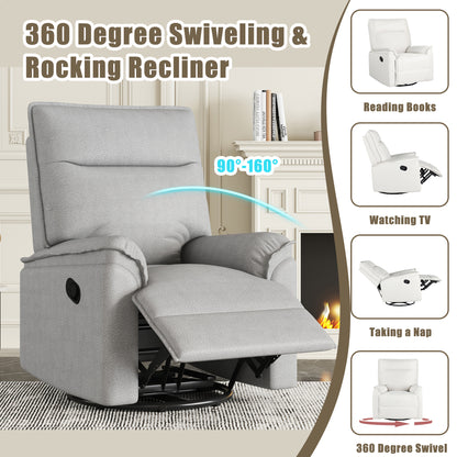 360 Degree Swivel Upholstered Manual Recliner Chair Theater Recliner Sofa Nursery Glider Rocker for Living Room, Grey