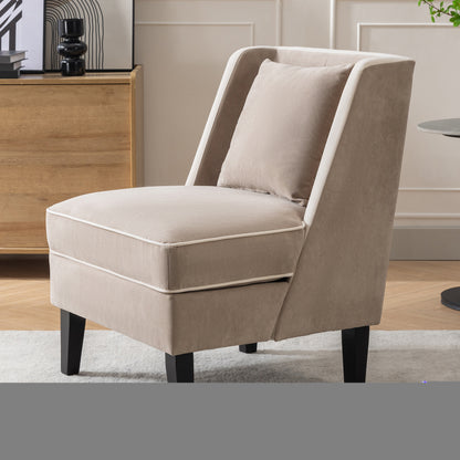 Velvet Upholstered Accent Chair with Cream Piping, Tan and Cream