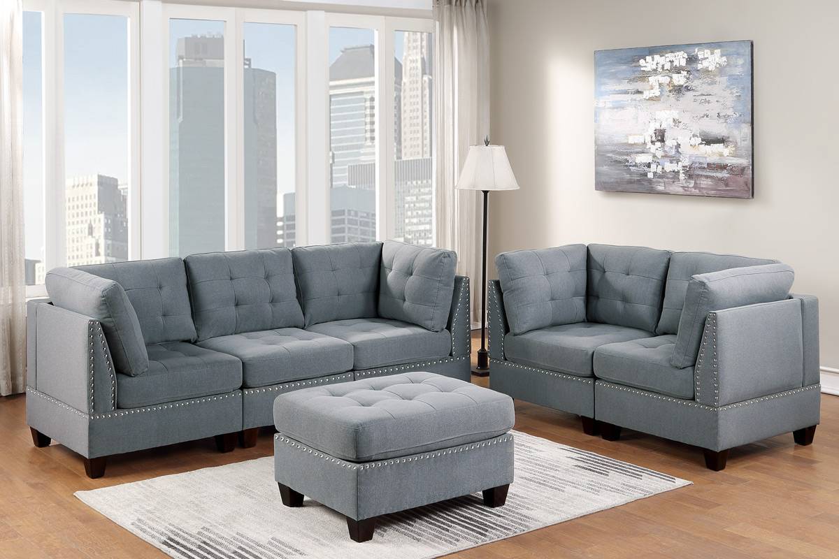 Living Room Furniture Tufted Corner Wedge Grey Linen Like Fabric 1pc Cushion Nail heads Wedge Sofa Wooden Legs