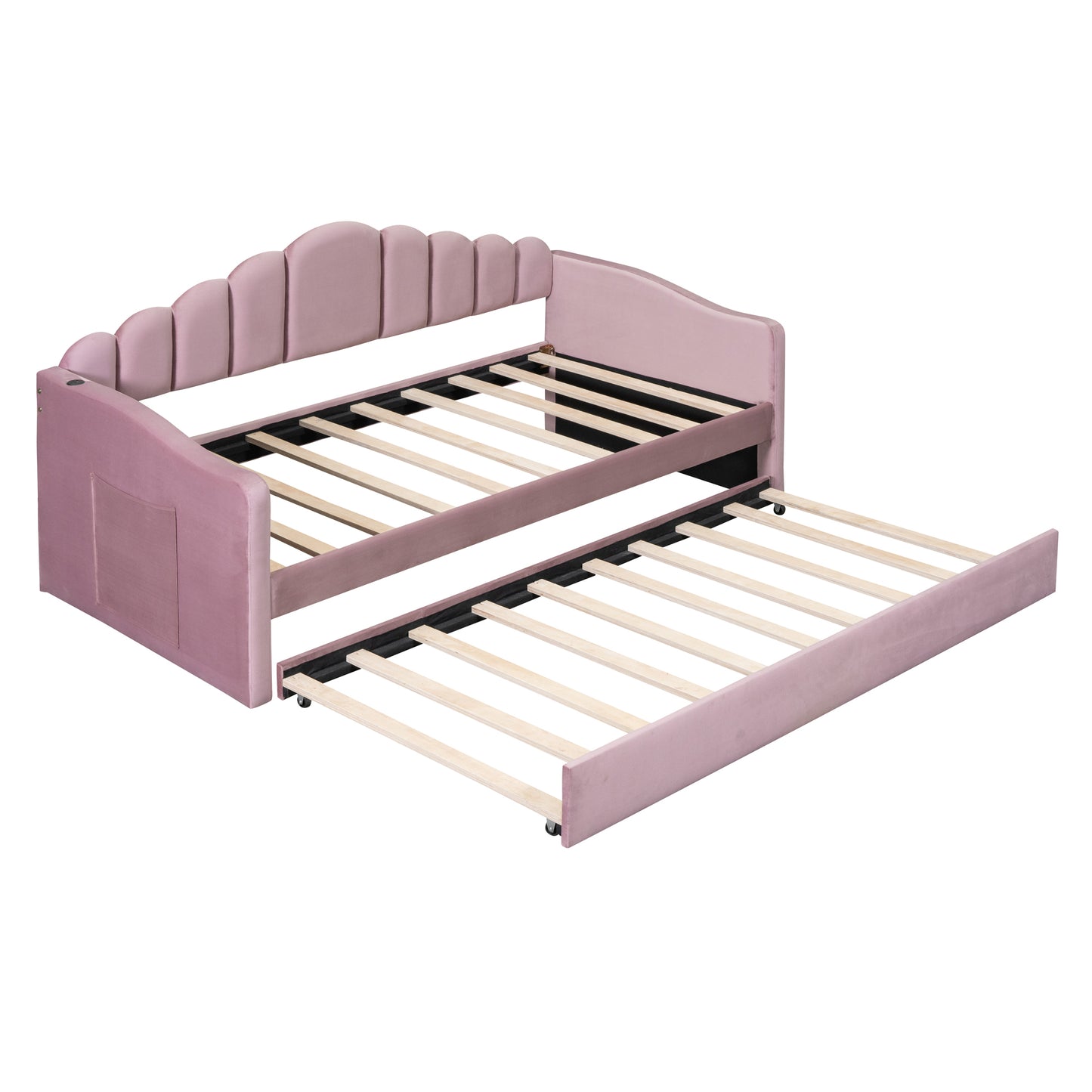 Twin size Upholstered Daybed with Trundle,Velvet Sofabed with USB Charging Ports,No Box-spring Needed,Pink