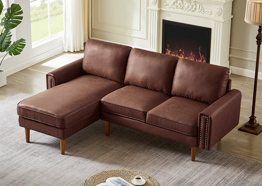 82.2"L-Shape Sofa Couch with Chais Mid-Century Copper Nail on Arms,strong wooden leg and suede fabric design that will complement any living space.Left Chaise,Dark Brown