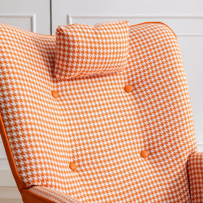 35.5 inch Rocking Chair, Soft Houndstooth Fabric Leather Fabric Rocking Chair for Nursery, Comfy Wingback Glider Rocker with Safe Solid Wood Base for Living Room Bedroom Balcony (orange)